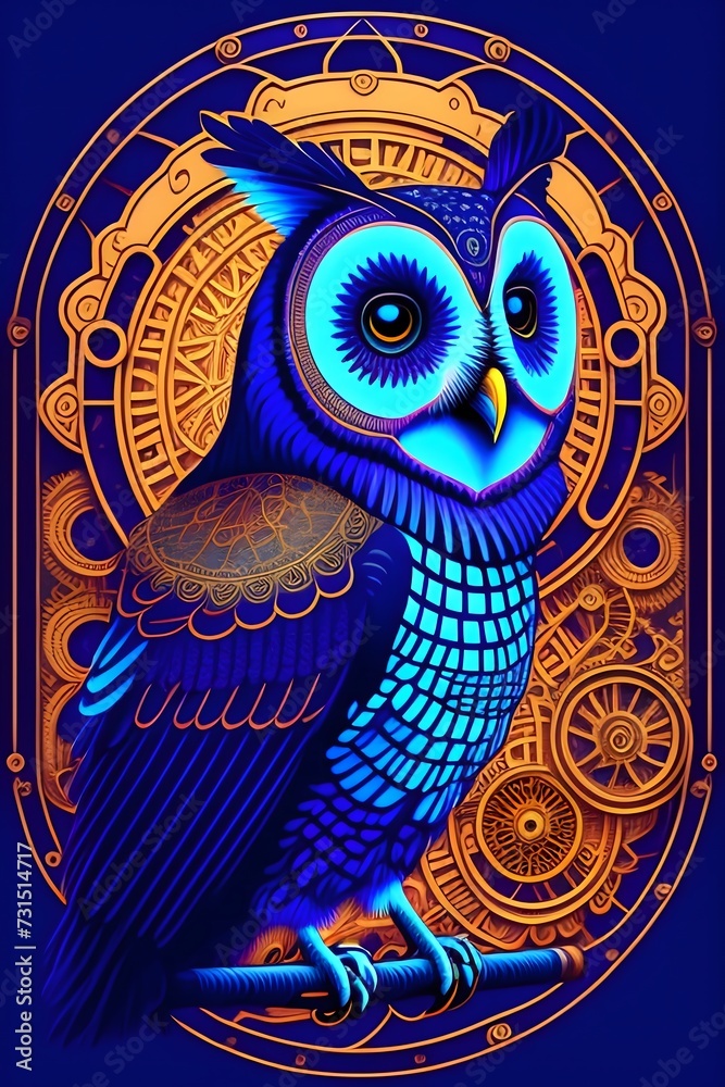 Indigo steampunk owl - obrazy, fototapety, plakaty 