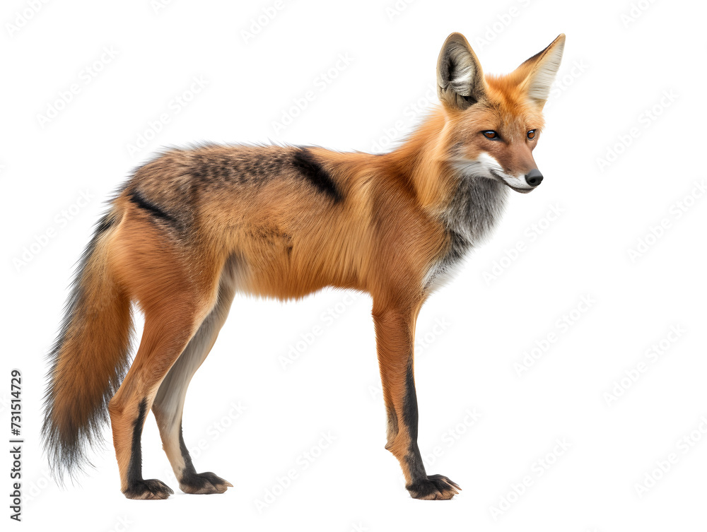 Red fox (Vulpes vulpes) with a bushy tail standing isolated on white background Red fox (Vulpes vulpes) with a bushy tail standing isolated on white background