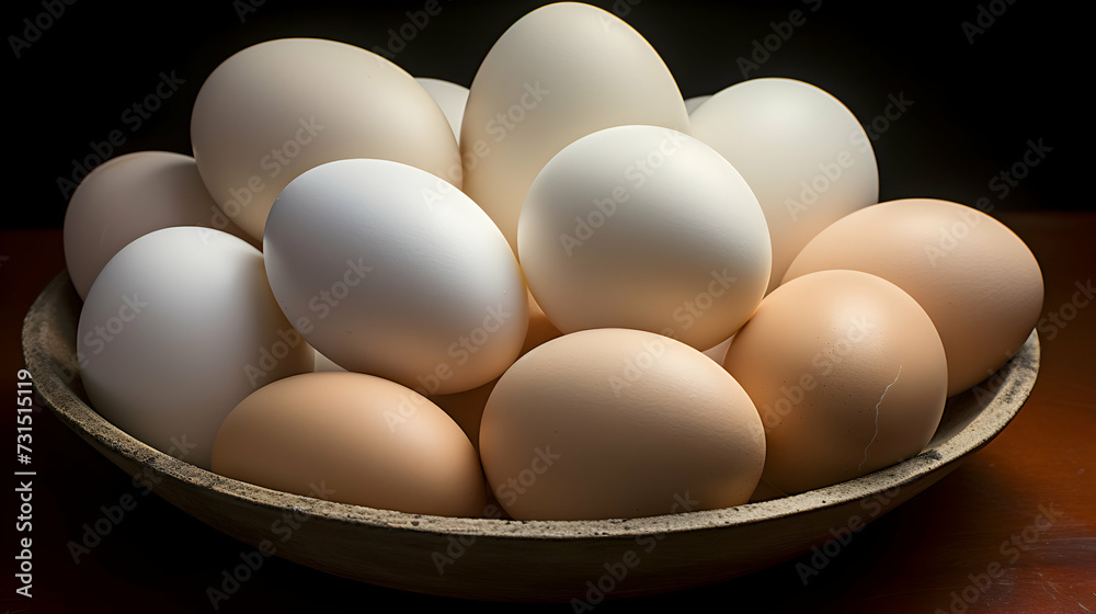 Vibrant Chicken Eggs Ready for Cooking in Wooden Bowl Vibrant Chicken Eggs Ready for Cooking in Wooden Bowl
