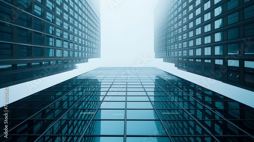 Modern skyscrapers reaching into a foggy sky. urban architecture, glass facades. commercial real estate. AI