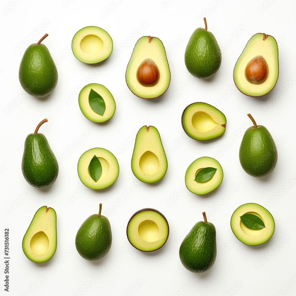 Avocado Harmony Imagery Showcasing Whole or Sliced Avocados Against a Clean White Backdrop