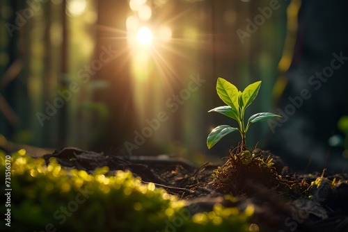 A young plant sprouting in the forest with sunlight beaming through trees. symbol of growth and eco-friendliness. ideal for nature themes. AI