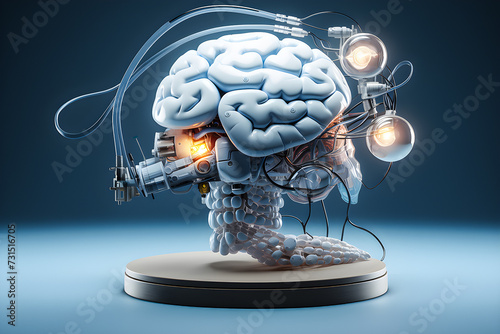 3D illustration, scientific composition, volumetric human brain along with chips and artificial intelligence, generative ai