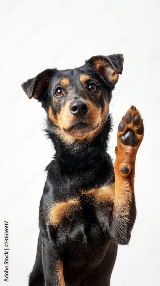 Black and Tan Dog's Paw Up.
A black and tan dog standing on its hind legs with one paw up. Black and Tan Dog's Paw Up.
A black and tan dog standing on its hind legs with one paw up.