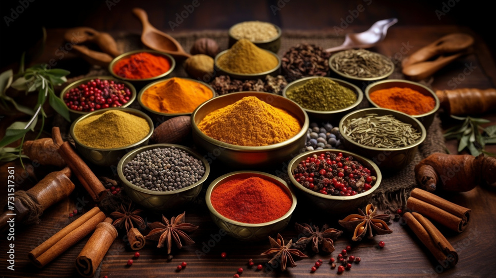 Different assortments of spices and flavors beautifully arranged on a wooden table. Different assortments of spices and flavors beautifully arranged on a wooden table.