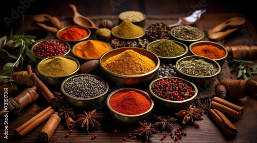 Different assortments of spices and flavors beautifully arranged on a wooden table. 