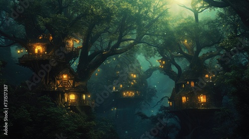 A fantasy scene of a hidden elven city in an ancient forest  with magical treehouses and glowing lights. Resplendent.