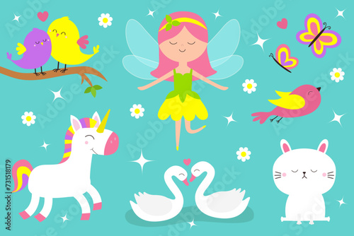 Magic animal set. Fairy little princess with wings. Flower dress. Unicorn  swan  bird  butterfly  rabbit bunny. Cute cartoon kawaii funny baby character. Flat design. Blue background. Isolated.