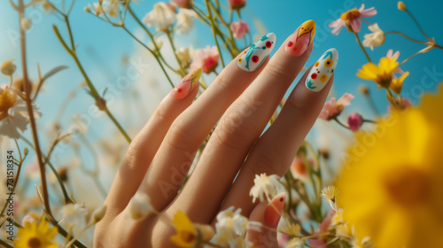 Beautiful female nails with seasonal spring flower nail art design and flower in the garden. Floral and spring nail art design. Manicure for spring. Modern stylish nail design