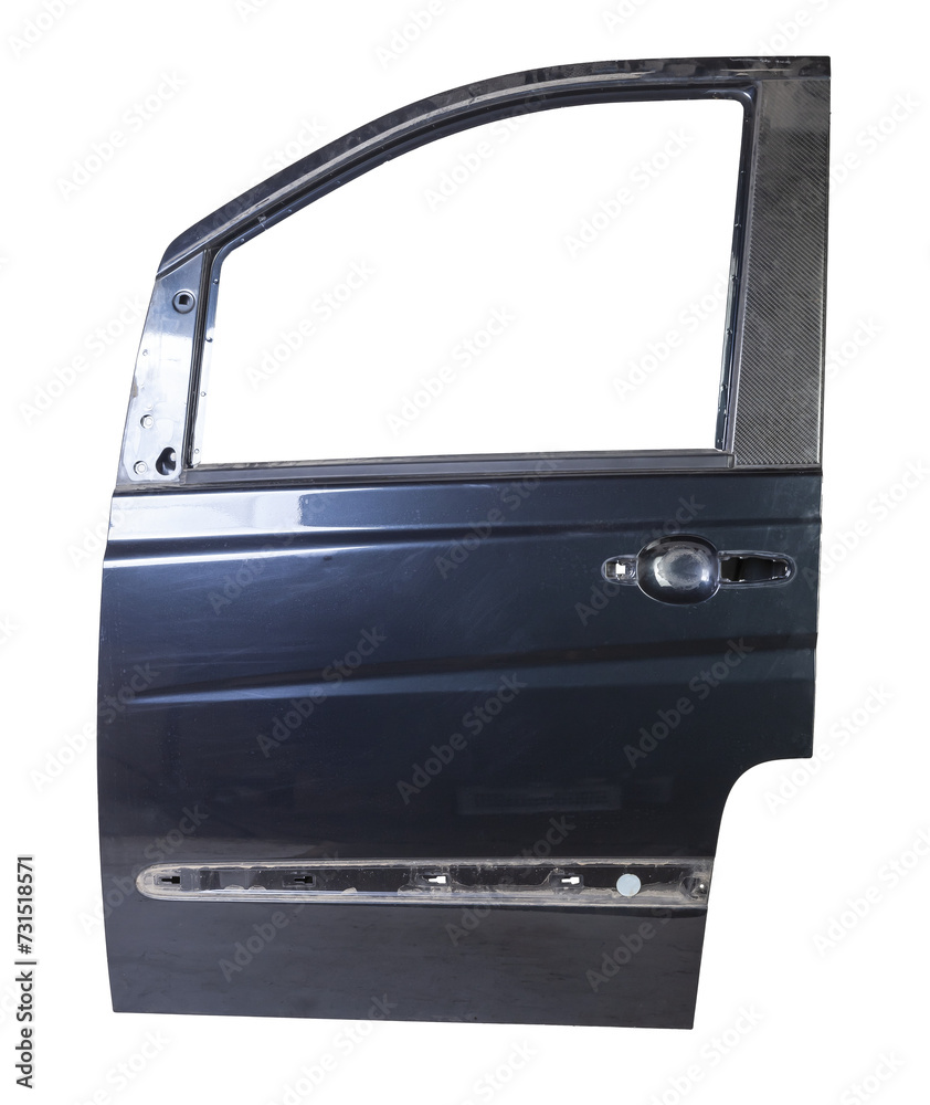 Fototapeta premium The front door of the car is blue on a white isolated background. Body repair of vehicles in a service workshop.