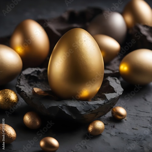 Easter Decoration With Golden Eggs on Dark Shale Background