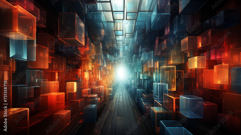 Fototapeta premium Urban Nightlights: Exploring the Abstract Realms of City Architecture and Street Life ,Futuristic technology background with glowing lines and cubes. 3d rendering