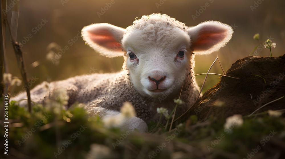 Young Lamb in Meadow with Copy Space. Nature, Animals, Spring, Easter, Greetings Card, Panoramic Header, Copy Space. Young Lamb in Meadow with Copy Space. Nature, Animals, Spring, Easter, Greetings Card, Panoramic Header, Copy Space.