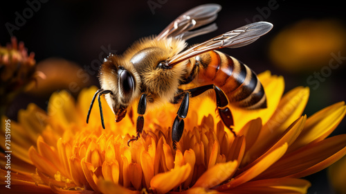 Bee gathers pollen from a yellow flower,  A honey bee looking for food in summer © Atlantist studio