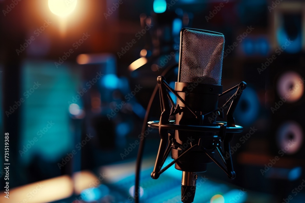 A condenser studio microphone with a shock mount and windscreen is shown in a music studio, representing the musical concept