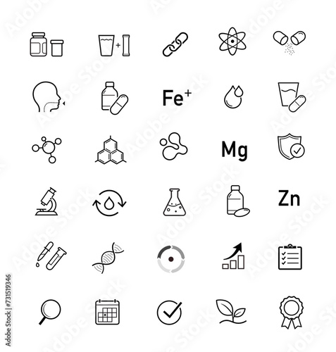 Vitality icon set for human-improving products, medicine, laboratory research. The outline icons are well scalable and editable. Contrasting elements are good for different backgrounds. EPS10.