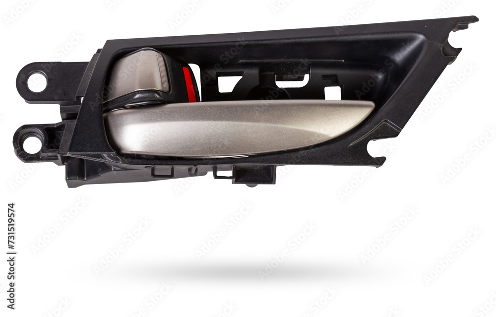 Inside Handle door opening in the vehicle with metal element on white isolated background. Spare parts auto catalog. Inside Handle door opening in the vehicle with metal element on white isolated background. Spare parts auto catalog.