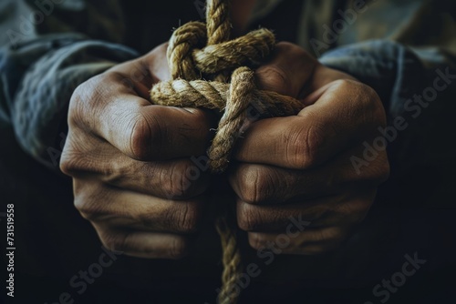 Male hands are tied with a rope, representing captivity