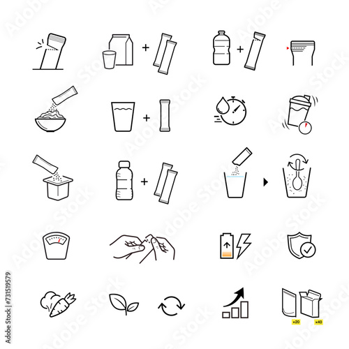 Icons of stick package bag set with samples, preparation instructions. Vector elements for infographics. Set of sign for detailed guideline. Ready for your design. EPS10.