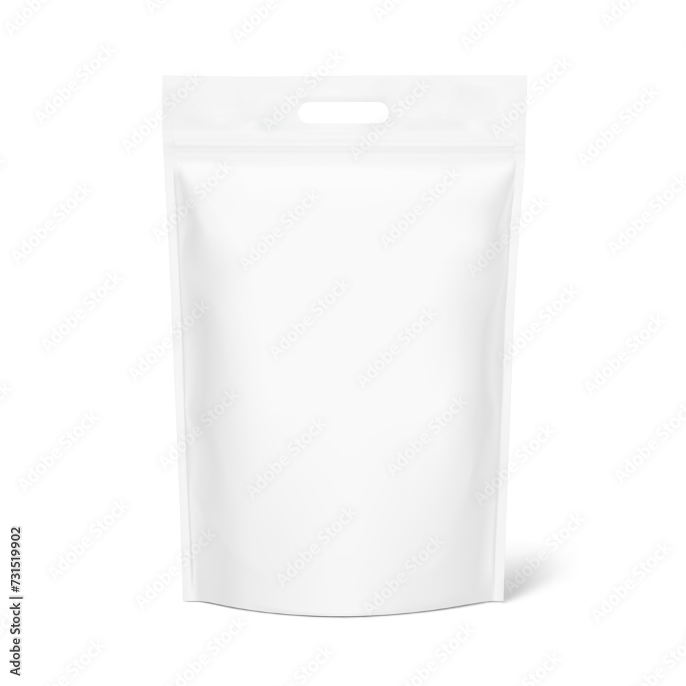 Realistic heavy stand up pouch bag with handle mockup with shadow. Front view. Vector illustration isolated on white background. Easy to make a realistic mockup of your product. EPS10. Realistic heavy stand up pouch bag with handle mockup with shadow. Front view. Vector illustration isolated on white background. Easy to make a realistic mockup of your product. EPS10.
