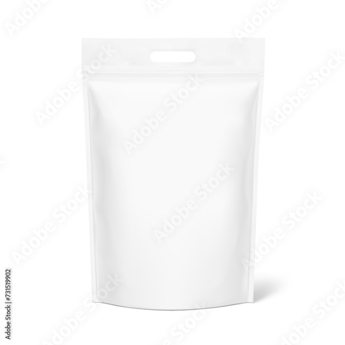 Realistic heavy stand up pouch bag with handle mockup with shadow. Front view. Vector illustration isolated on white background. Easy to make a realistic mockup of your product. EPS10.