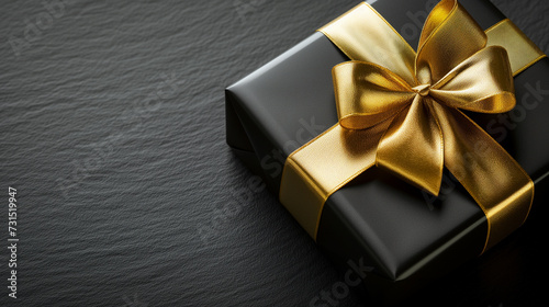 A luxurious black gift box adorned with golden ribbon bow on black background. Ideal for digital invitation cards and promotional materials for Black Friday, anniversary and other special occasions.