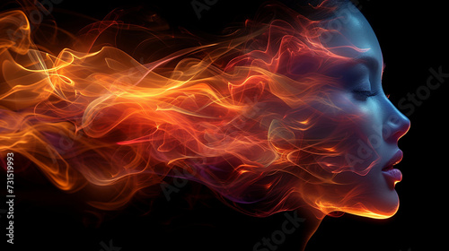 Woman angelic face emerge from flames and fire. She is powerful, calm and relaxed. Fire element in universe concept 