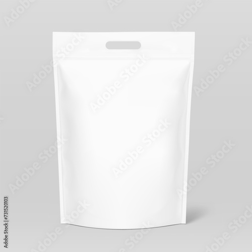 Realistic heavy black stand up pouch bag with handle mockup with shadow. Front view. Vector illustration isolated on grey background. Easy to make a realistic mockup of your product. EPS10.