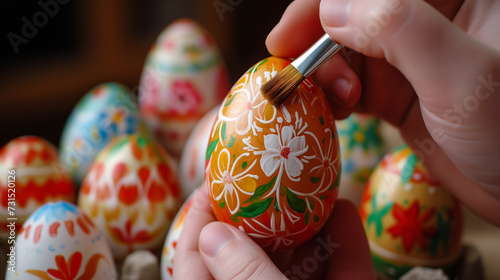 Close-up of hand using painting brushes to decorate easter eggs.