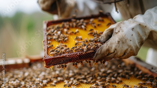 The beekeeper pulls out a frame with honey from the beehive 