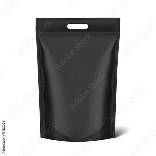 Realistic heavy black stand up pouch bag with handle mockup with shadow. Front view. Vector illustration isolated on white background. Easy to make a realistic mockup of your product. EPS10.