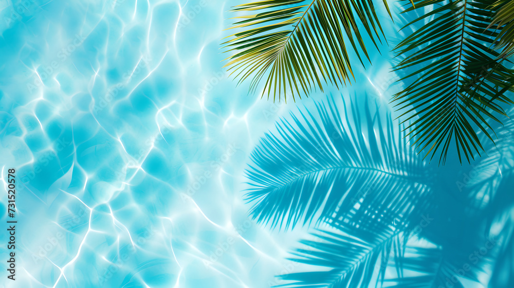 Palm leaves on the surface of ocean water with space for text. Top view of tropical leaf shadow on water surface. Beautiful abstract background concept banner for summer vacation at the beach. Palm leaves on the surface of ocean water with space for text. Top view of tropical leaf shadow on water surface. Beautiful abstract background concept banner for summer vacation at the beach.