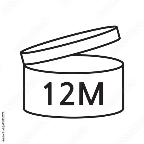PAO cosmetic icon, mark of period after opening. Expiration time after package opened, white label. 12 month expirity on white background, vector illustration. eps. jpg. png