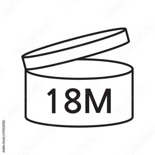 PAO cosmetic icon, mark of period after opening. Expiration time after package opened, white label. 18 month expirity on white background, vector illustration. eps. jpg. png