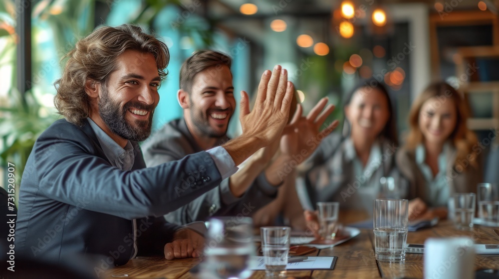 Businesswoman giving a high five to male colleague in meeting. Business professionals high five during a meeting in boardroom. Businesswoman giving a high five to male colleague in meeting. Business professionals high five during a meeting in boardroom.