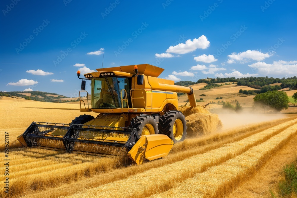 Obraz premium Harvesting a wheat field,, Harvesting wheat in rural landscape