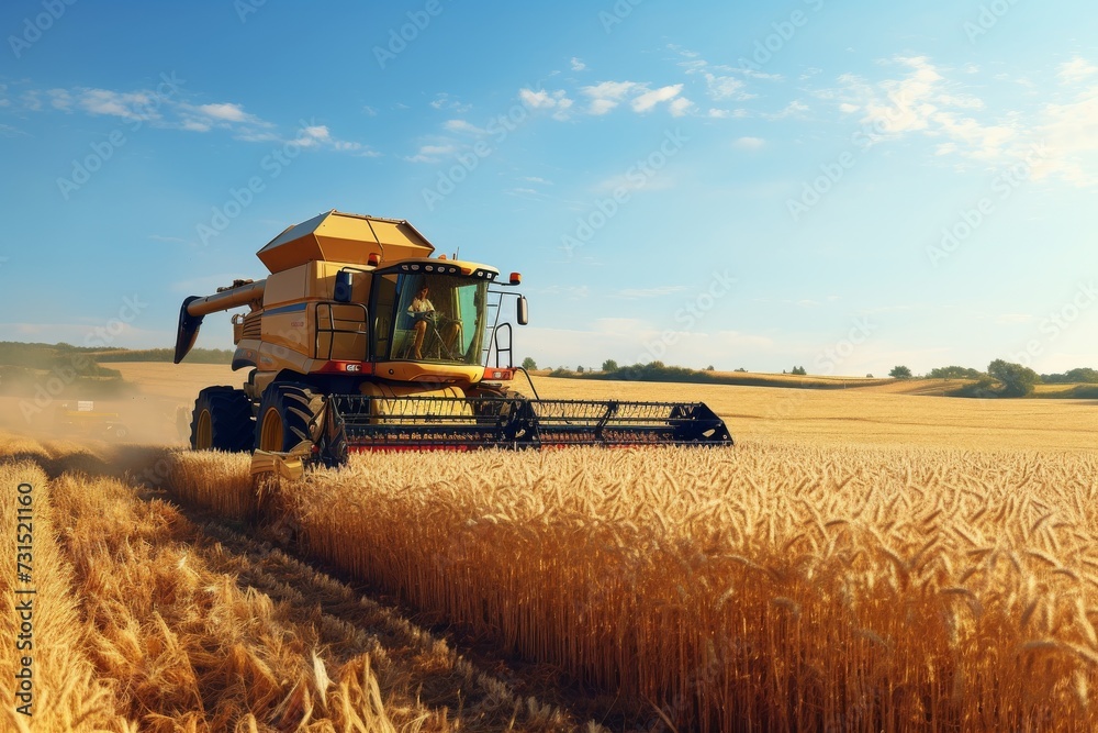 Obraz premium Harvesting a wheat field,, Harvesting wheat in rural landscape