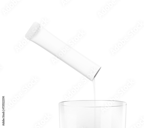 Stick pack pouring liquid on clear glass. Vector illustration isolated on a white background. Ready for use in presentation, promo, advertising and more. EPS10.