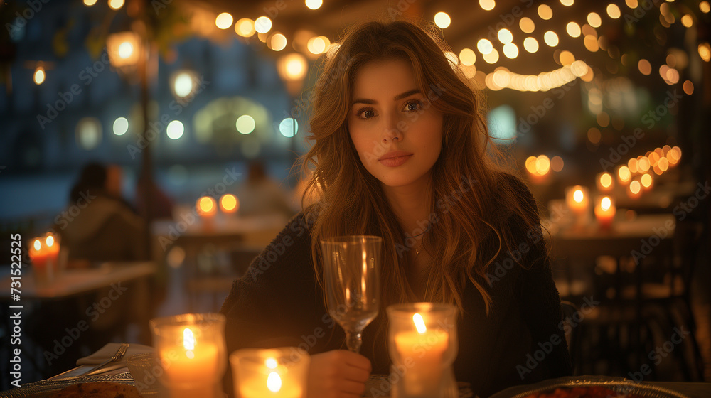Young woman in street cafe.