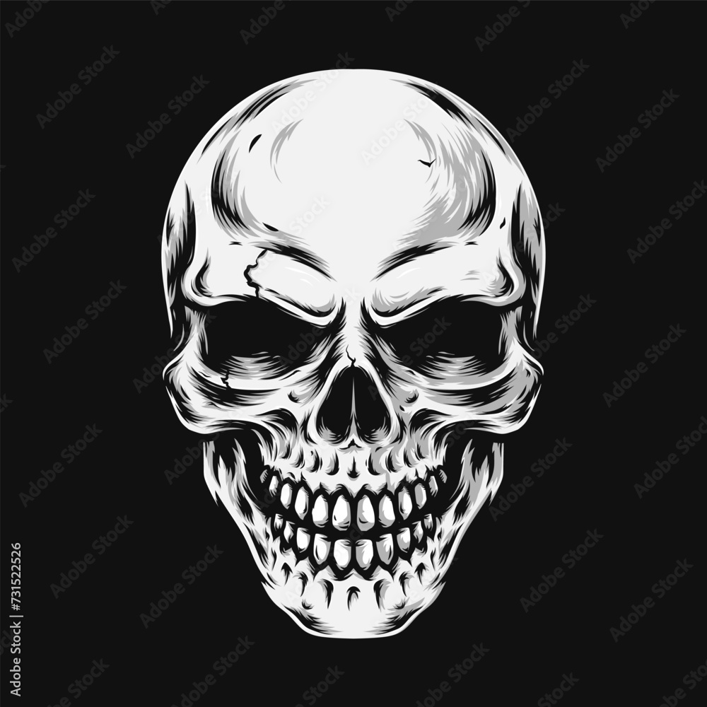 Fototapeta premium Hand drawn human skull on dark illustration