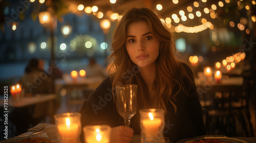 Young woman in street cafe.