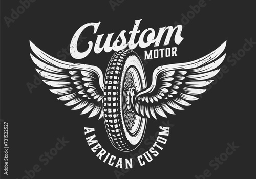 Vintage winged motorcycle wheel badge  monochrome custom motor emblem
