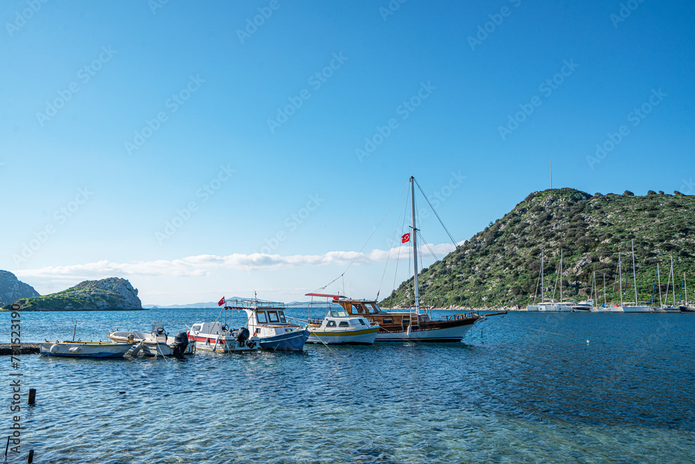 Obraz na plátně The scenic views from Gümüşlük bay with yachts in Bodrum, Turkey