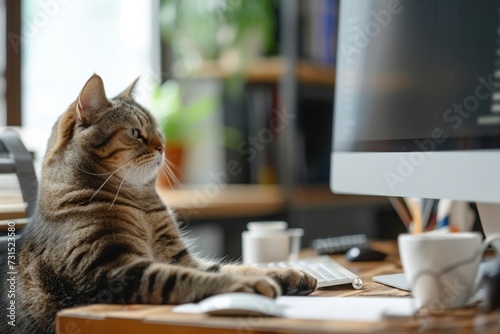 Eine Lustige Katze sitzt vor einem PC und arbeitet  photo