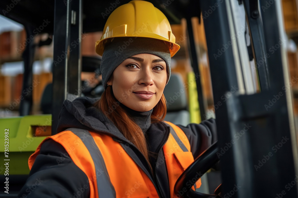Close up of A female foreman driving forklift at shipping container yard, Industrial engineer woman drives reach stacker truck to lift cargo box at logistic terminal dock. Close up of A female foreman driving forklift at shipping container yard, Industrial engineer woman drives reach stacker truck to lift cargo box at logistic terminal dock.