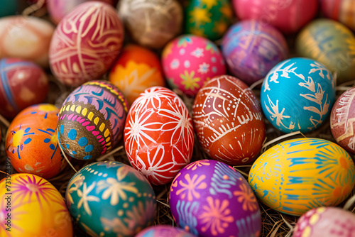 A pile of colorfully painted and decorated Easter eggs