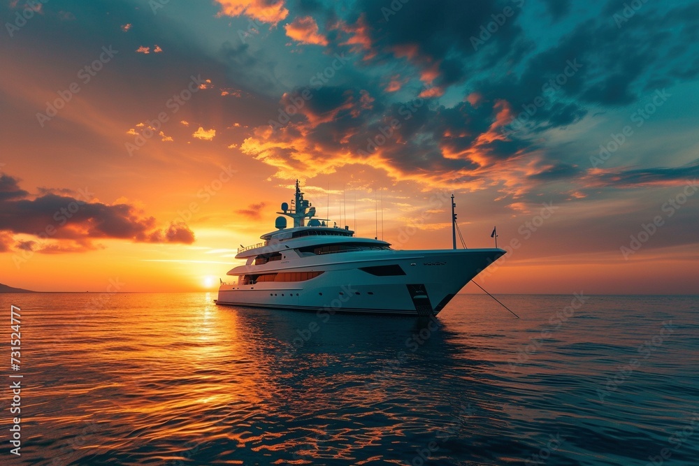 Luxury yacht anchored on the sea at sunset