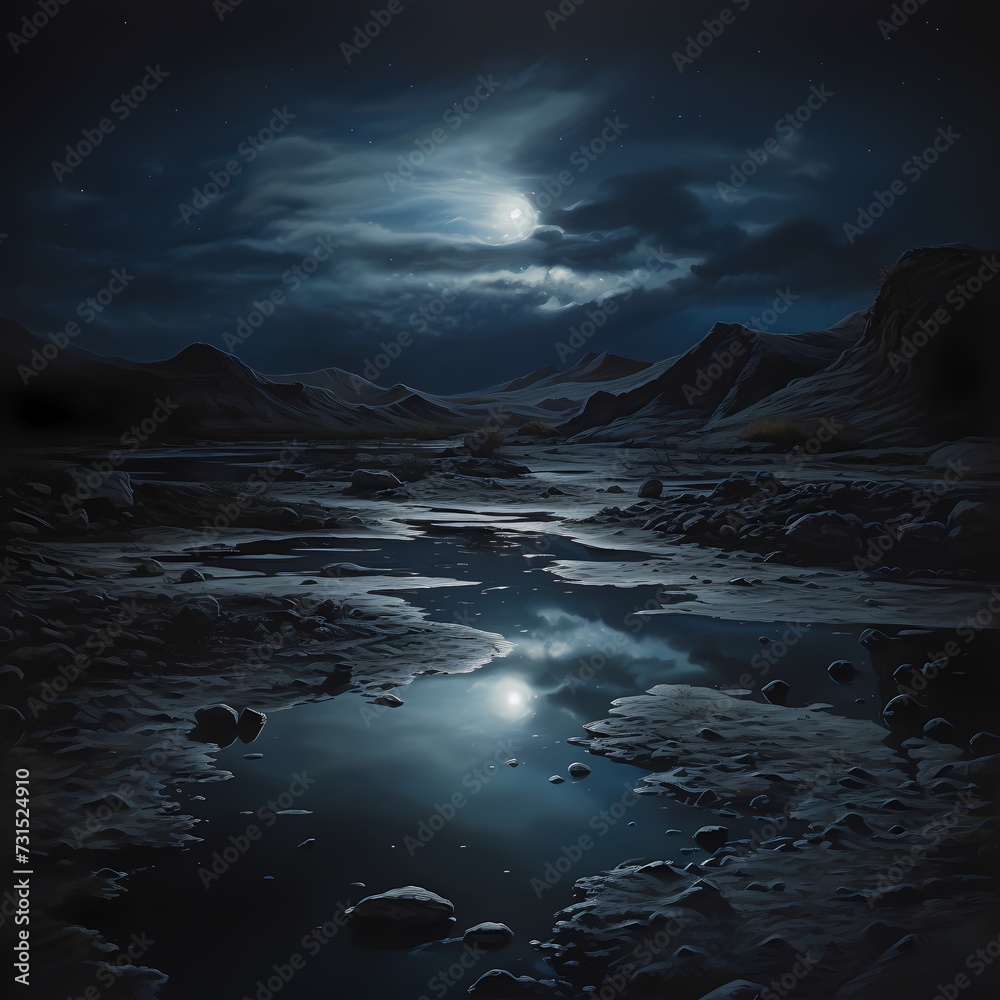 A pool of liquid moonlight reflecting on a solid, midnight landscape