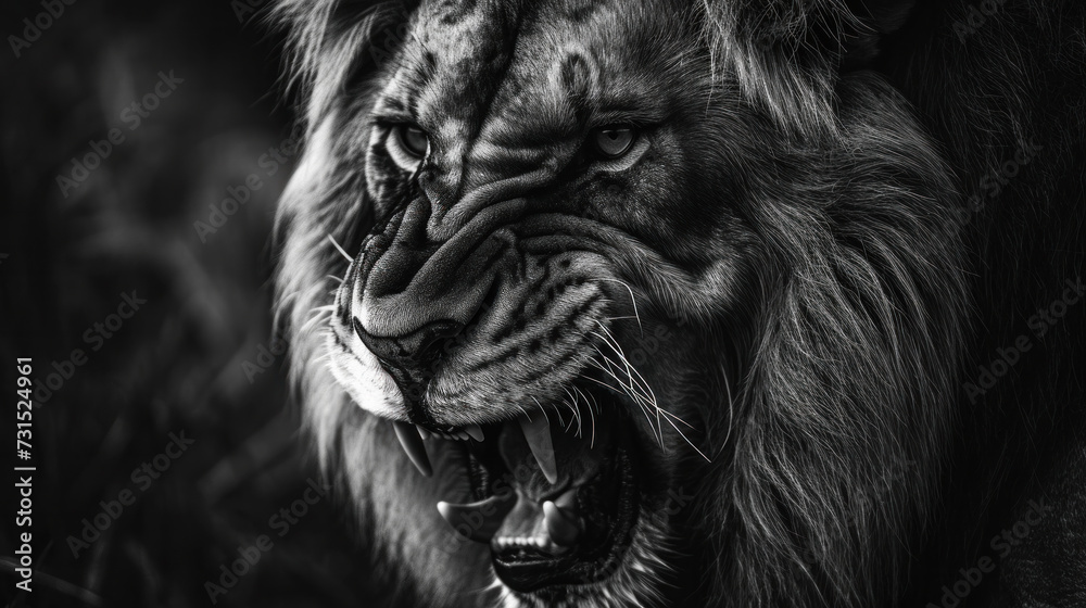 Monochrome portrait of roaring lion in wildlife reserve. Animal power and majesty. Monochrome portrait of roaring lion in wildlife reserve. Animal power and majesty.