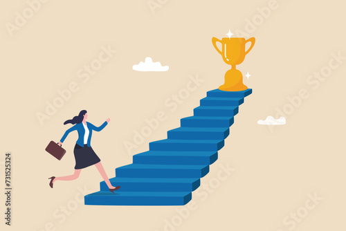 Woman success, step to achieve career success, motivation to grow career path, growth, climb up stair to reach goal, ambition concept, business woman run fast climb up stair to reach winning trophy. photo